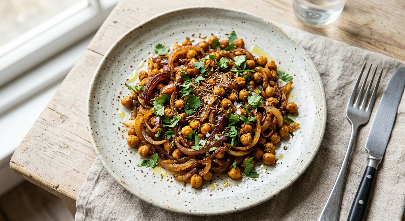 Cmkws3teg000epkhtb1zaqec1 (Spiced Caramelized Onion &amp; Chickpea Medley) Recipe | Cooking with Robots