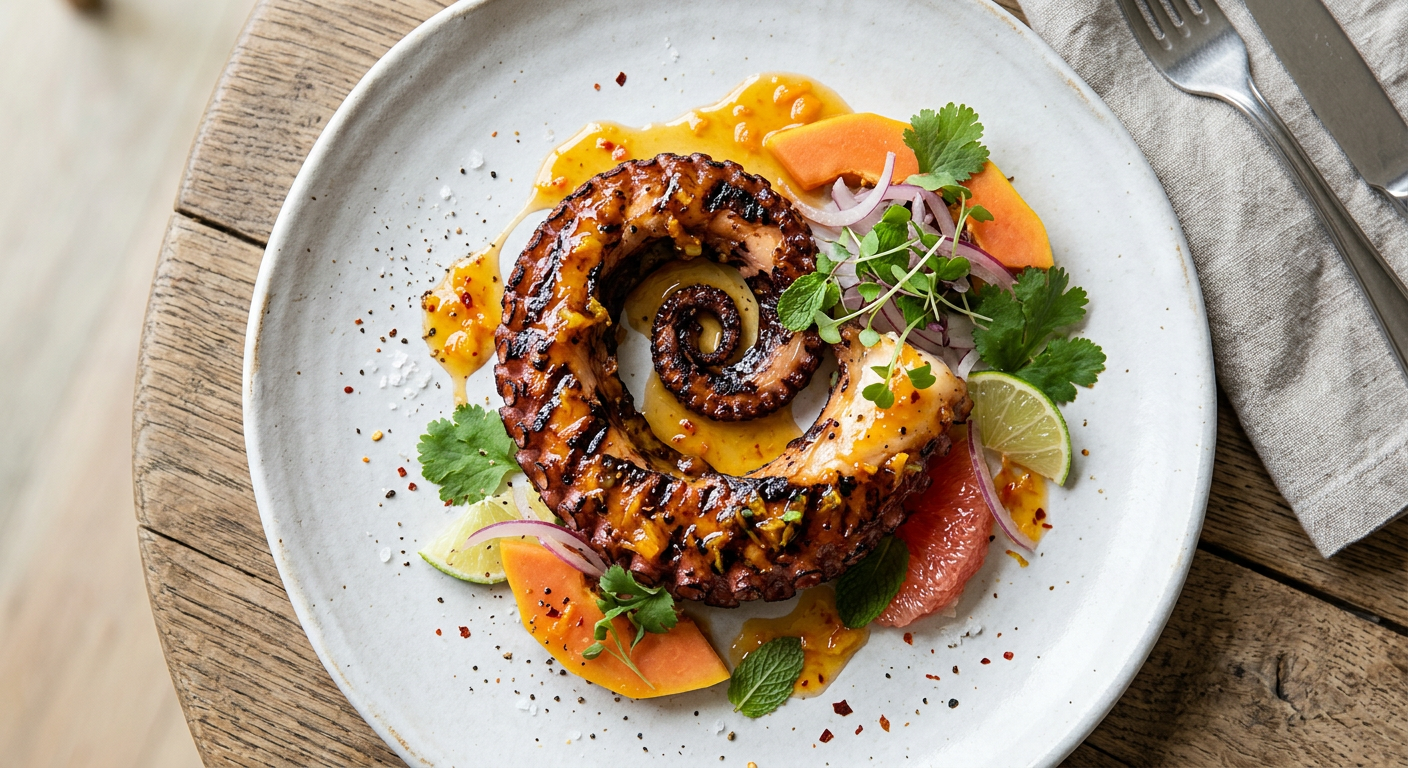 Grilled Octopus With Papaya Citrus Gastrique Recipe | Cooking with Robots