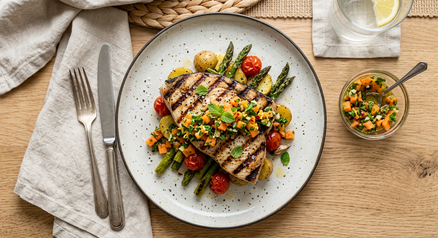 Mediterranean Grilled Swordfish with Papaya-Mint Gremolata