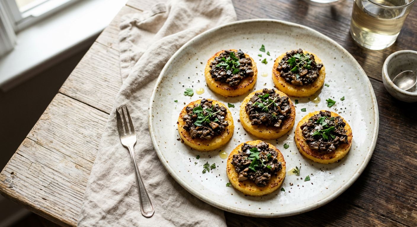 Polenta Crostini with Mushroom Tapenade Recipe | Cooking with Robots
