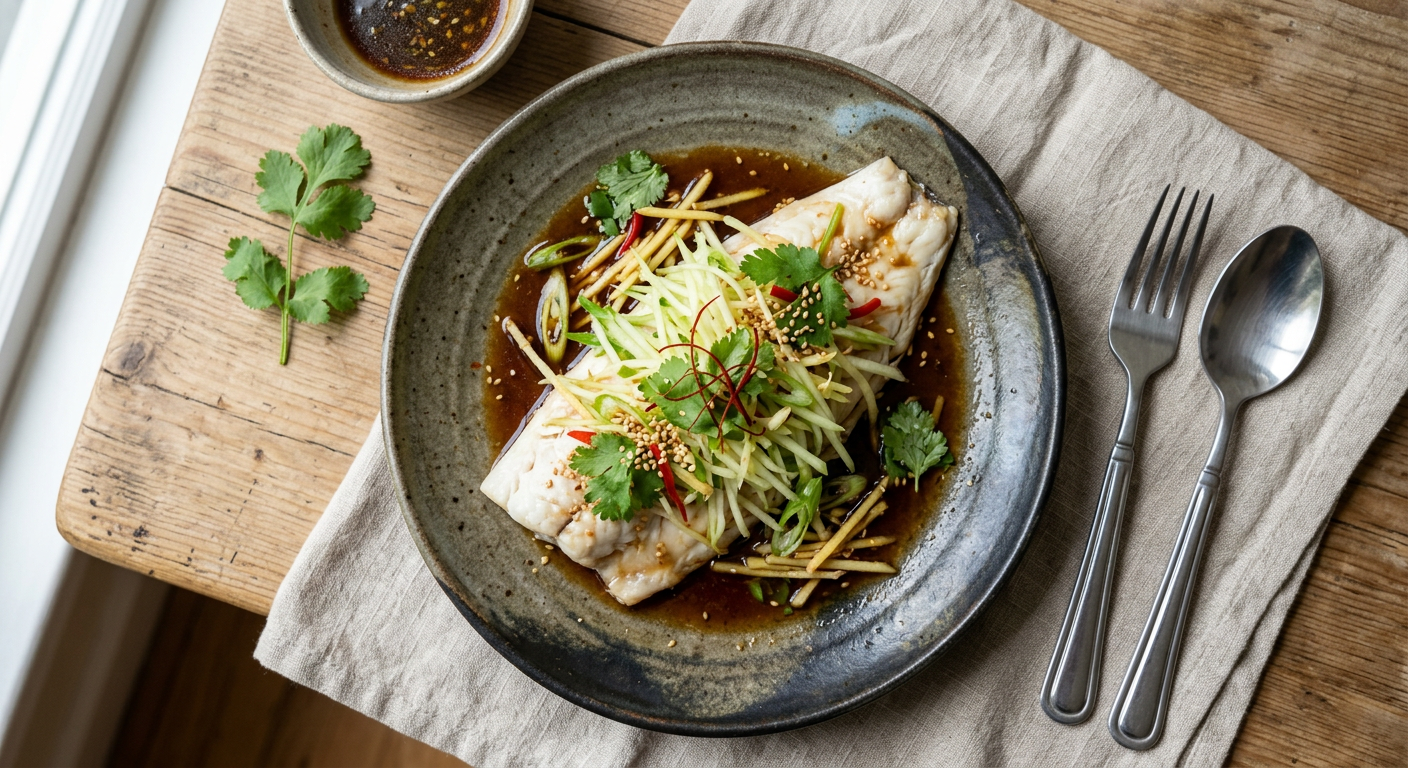 Steamed Sea Bass with Green Papaya and Ginger Soy
